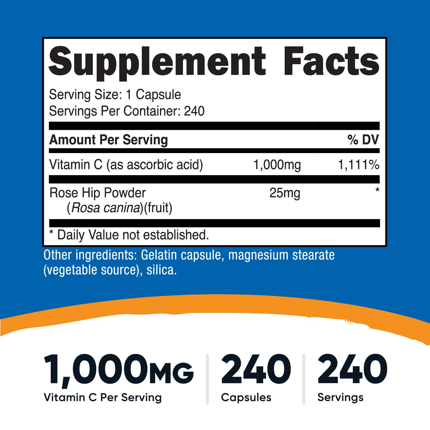 Nutricost Vitamin C with Rose Hips capsules close-up showing 1025mg per serving