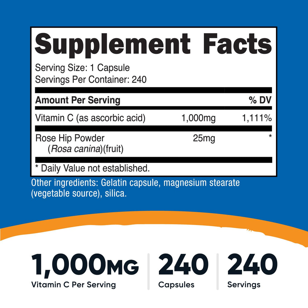 Nutricost Vitamin C with Rose Hips capsules close-up showing 1025mg per serving