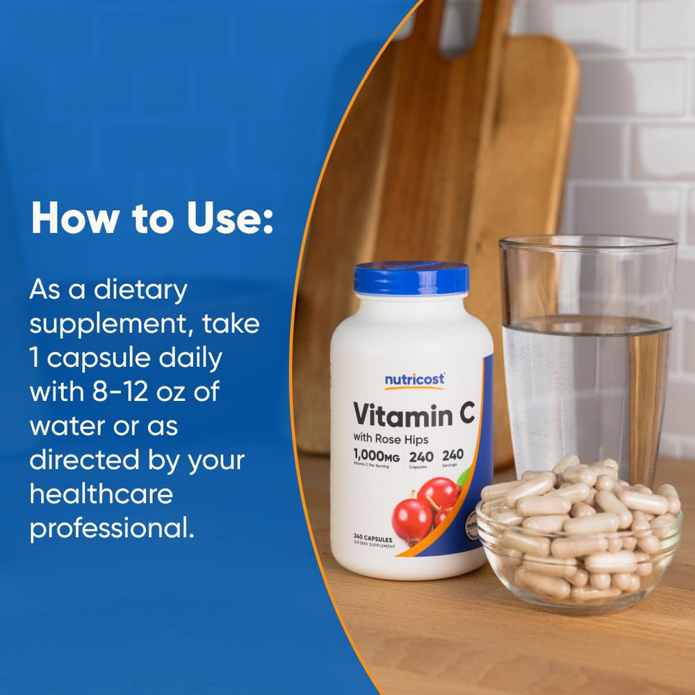 Gluten-free symbol and allergen info on Nutricost Vitamin C packaging