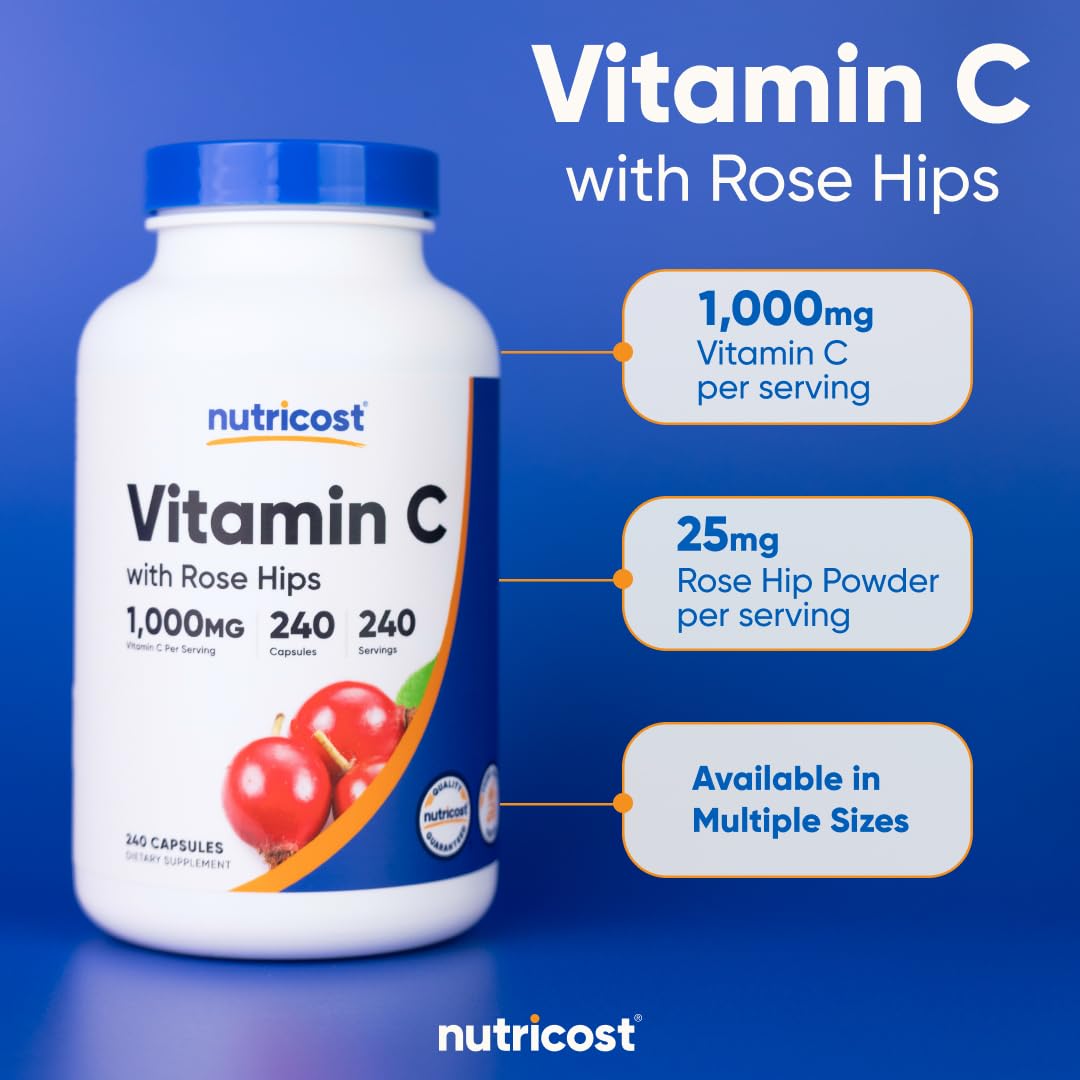 NSF GMP certified facility badge beside Nutricost Vitamin C bottle