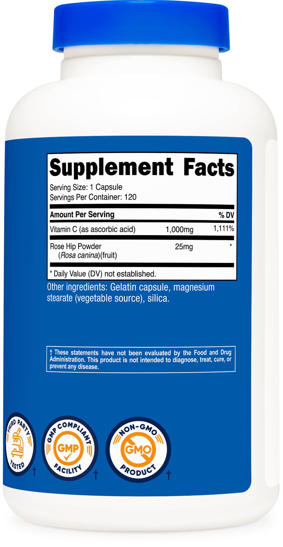 Nutricost Vitamin C with Rose Hips packaging scene emphasizing third party testing.