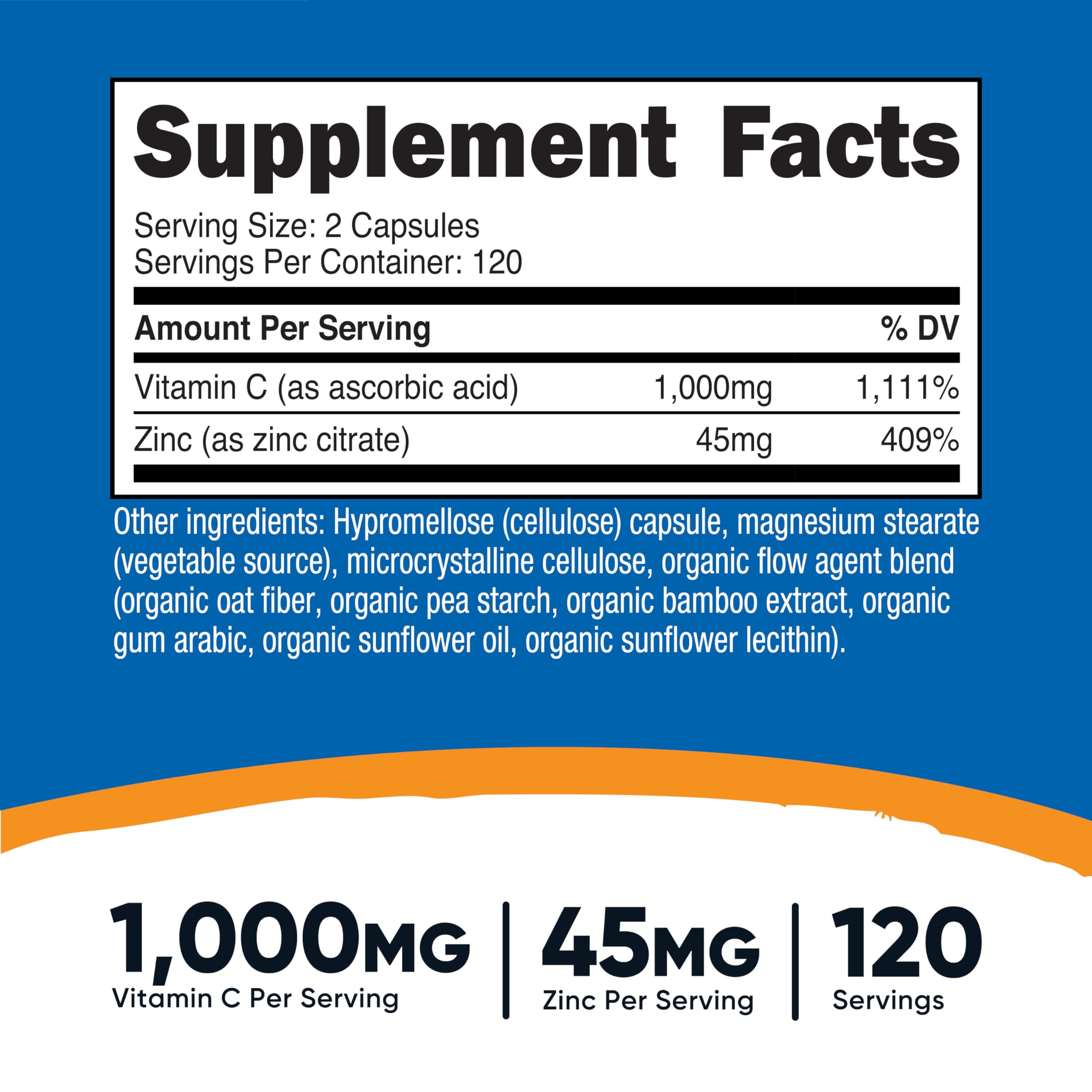 Nutricost Vitamin C with Zinc capsules close-up showing 1000mg vitamin C per serving
