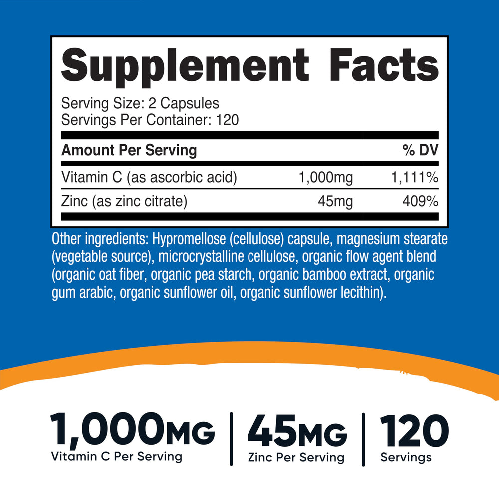 Nutricost Vitamin C with Zinc capsules close-up showing 1000mg vitamin C per serving