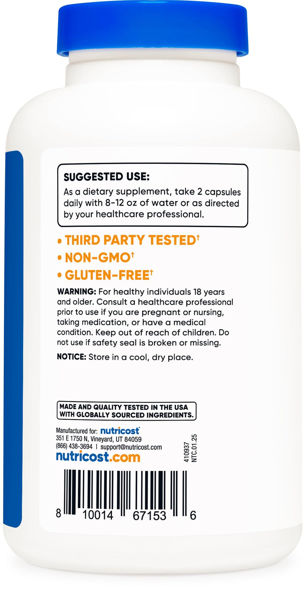 Nutricost Vitamin C with Zinc label reveals non-GMO and gluten-free claims