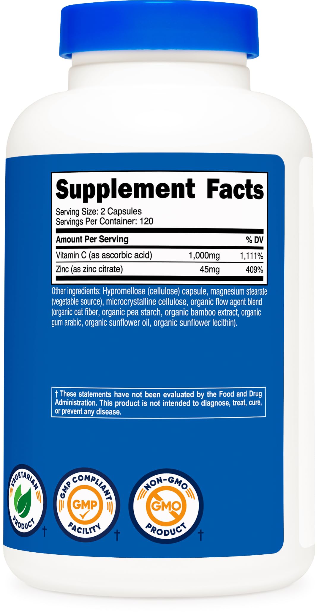 Nutricost Vitamin C with Zinc packaging, 120 servings per bottle
