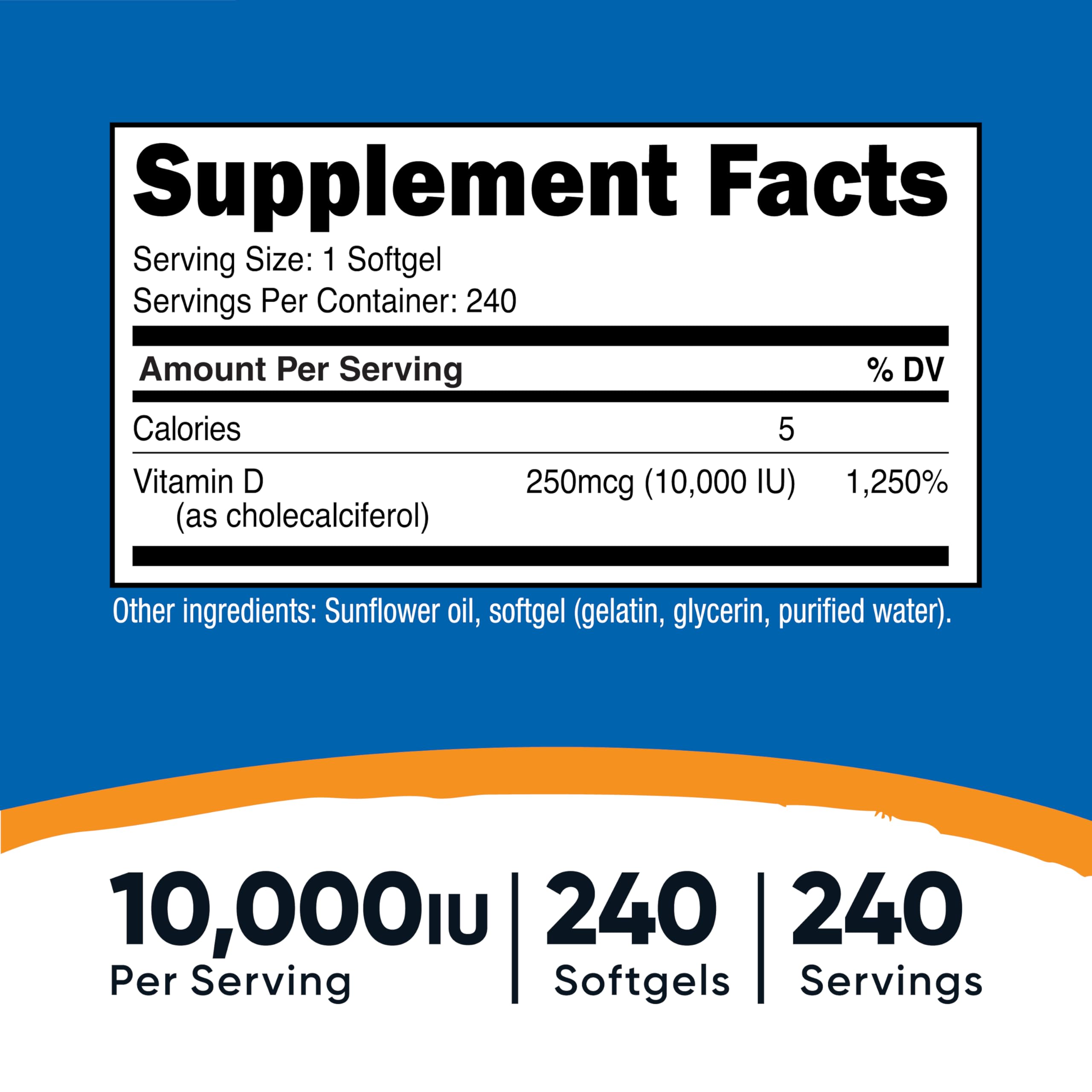 Nutricost Vitamin D3 10,000 IU softgels close-up showing potency
