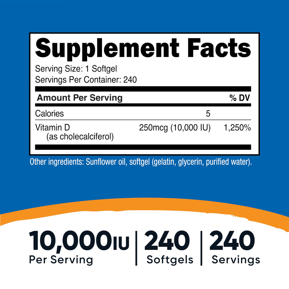 Nutricost Vitamin D3 10,000 IU softgels close-up showing potency