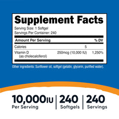 Nutricost Vitamin D3 10,000 IU softgels close-up showing potency
