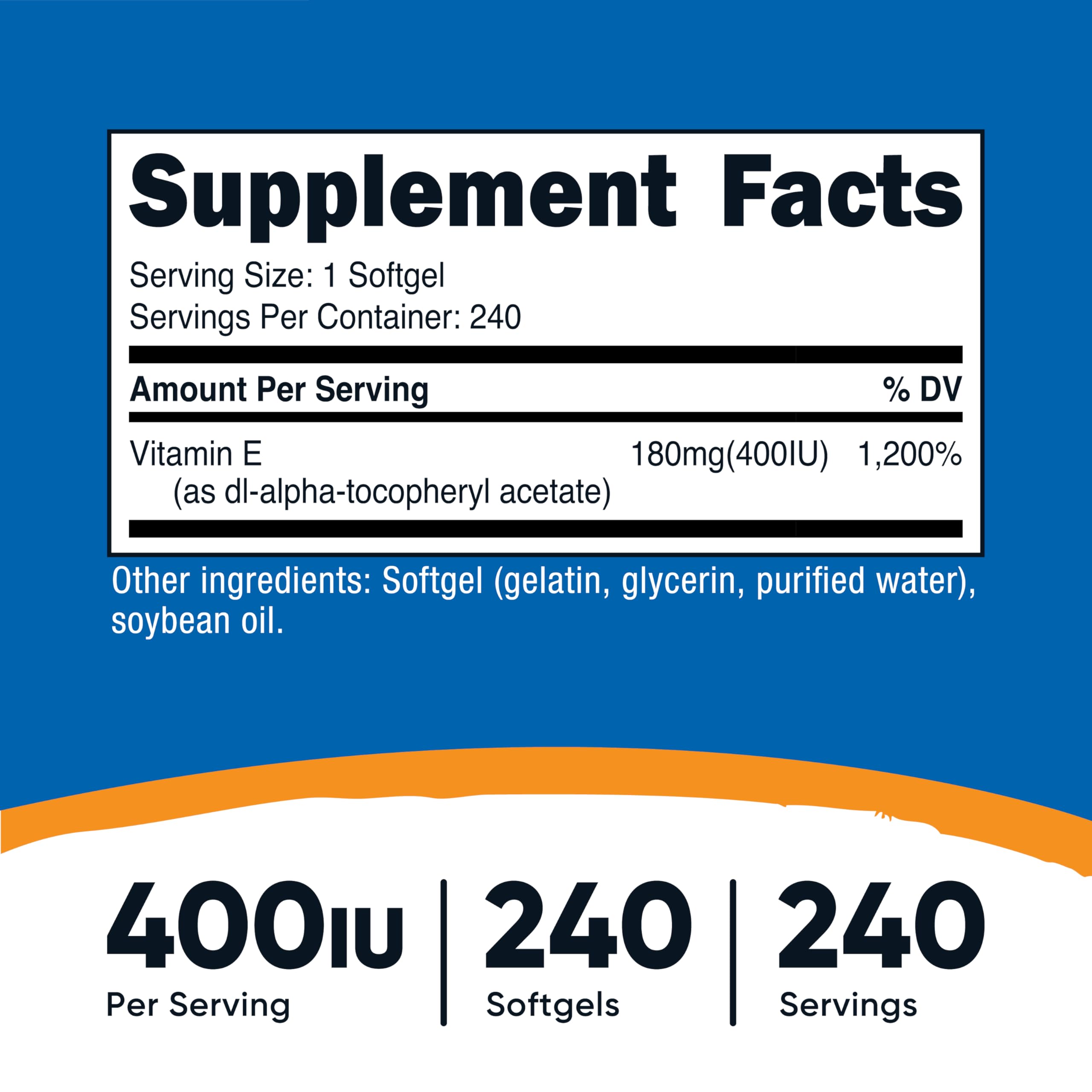Nutricost Vitamin E 400 IU softgel bottle dispensing a capsule for convenient use