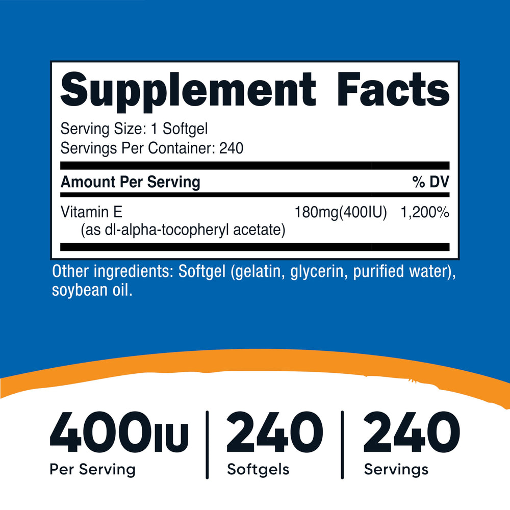 Nutricost Vitamin E 400 IU softgel bottle dispensing a capsule for convenient use