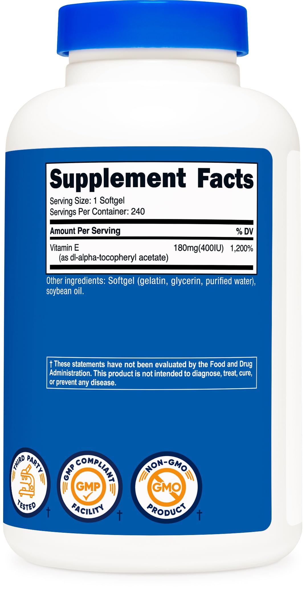 Nutricost Vitamin E 400 IU softgel bottle in-hand for easy daily use