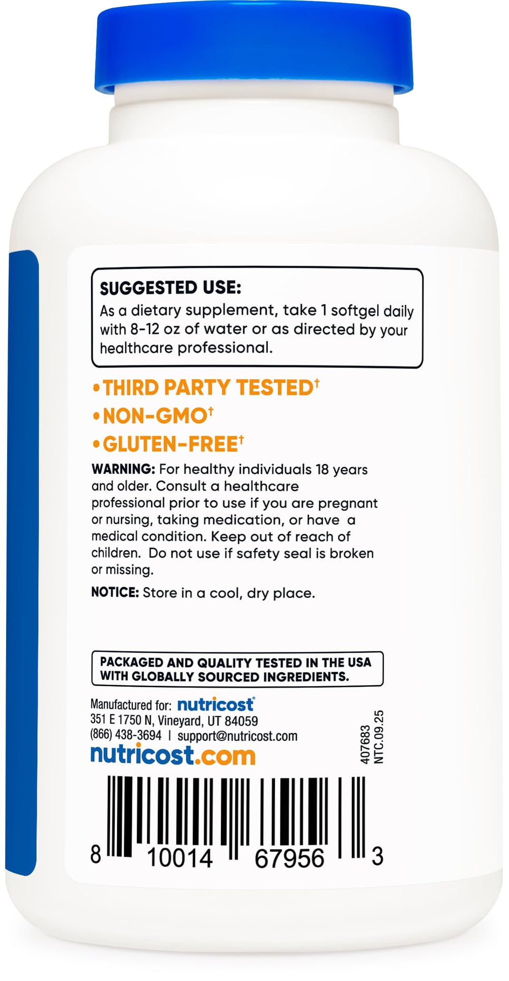 Nutricost Vitamin E 400 IU softgel bottle label highlighting gluten free and non-GMO