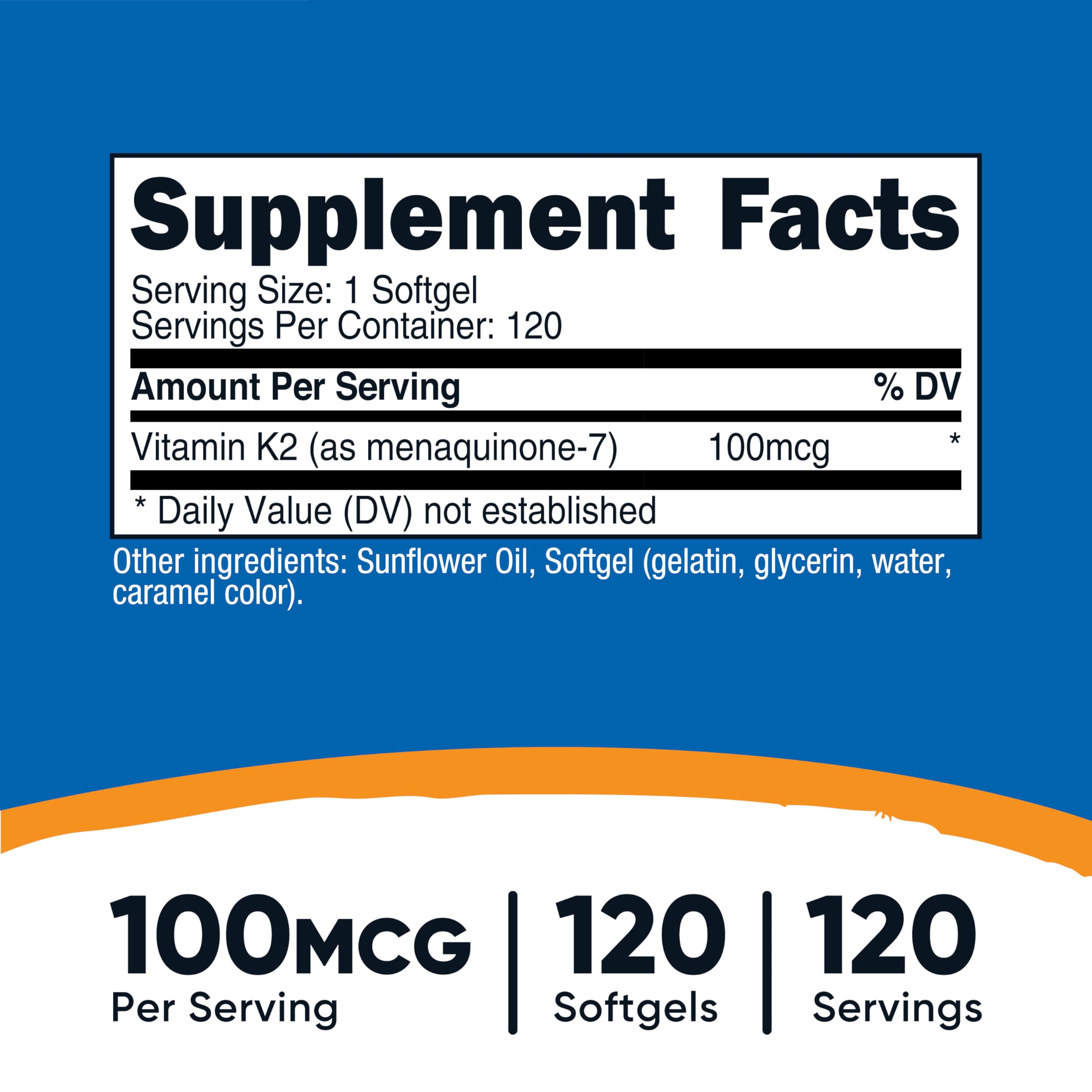 Nutricost Vitamin K2 MK-7 bottle label closeup highlighting 100 mcg per serving.