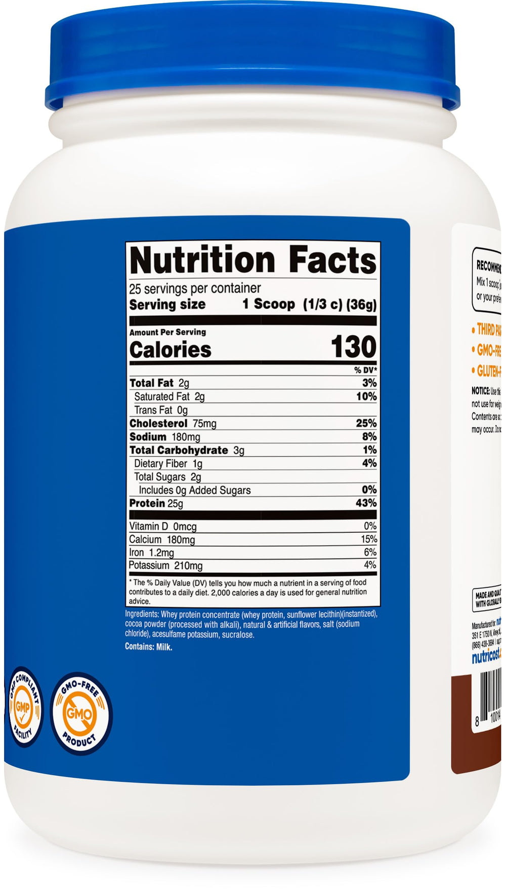 Nutricost chocolate whey label highlights ingredients and nutrition facts