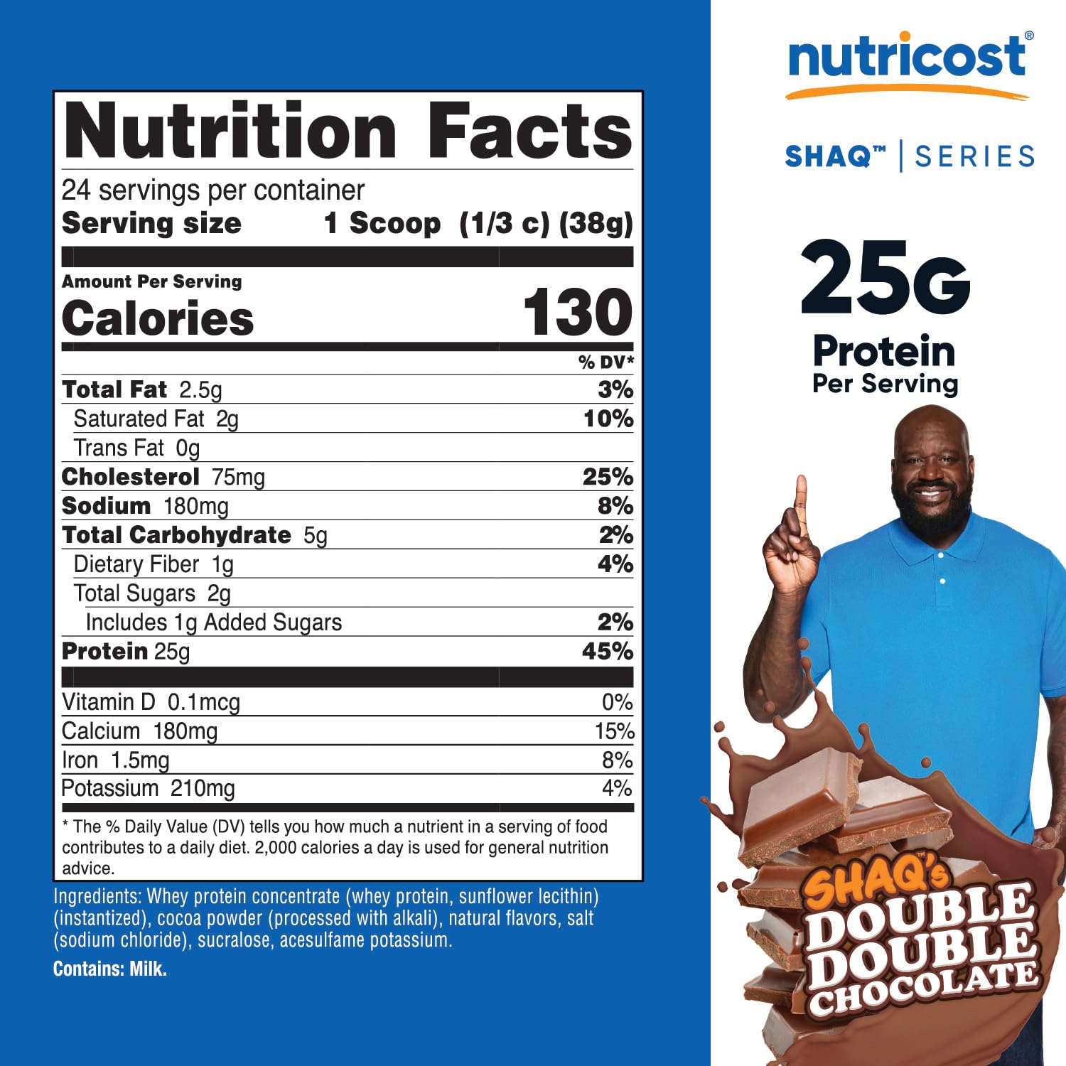 Nutricost whey powder scoop beside glass shows convenient post-workout protein option.