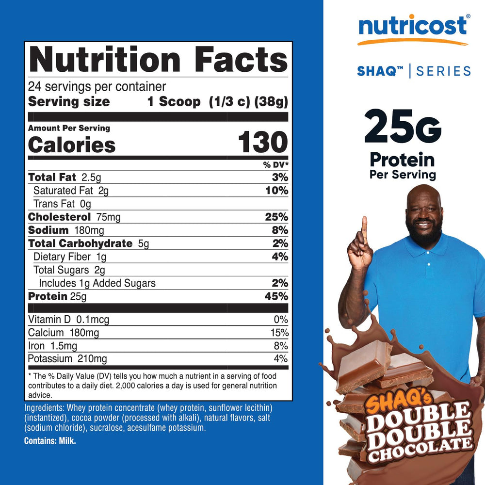 Nutricost whey powder scoop beside glass shows convenient post-workout protein option.