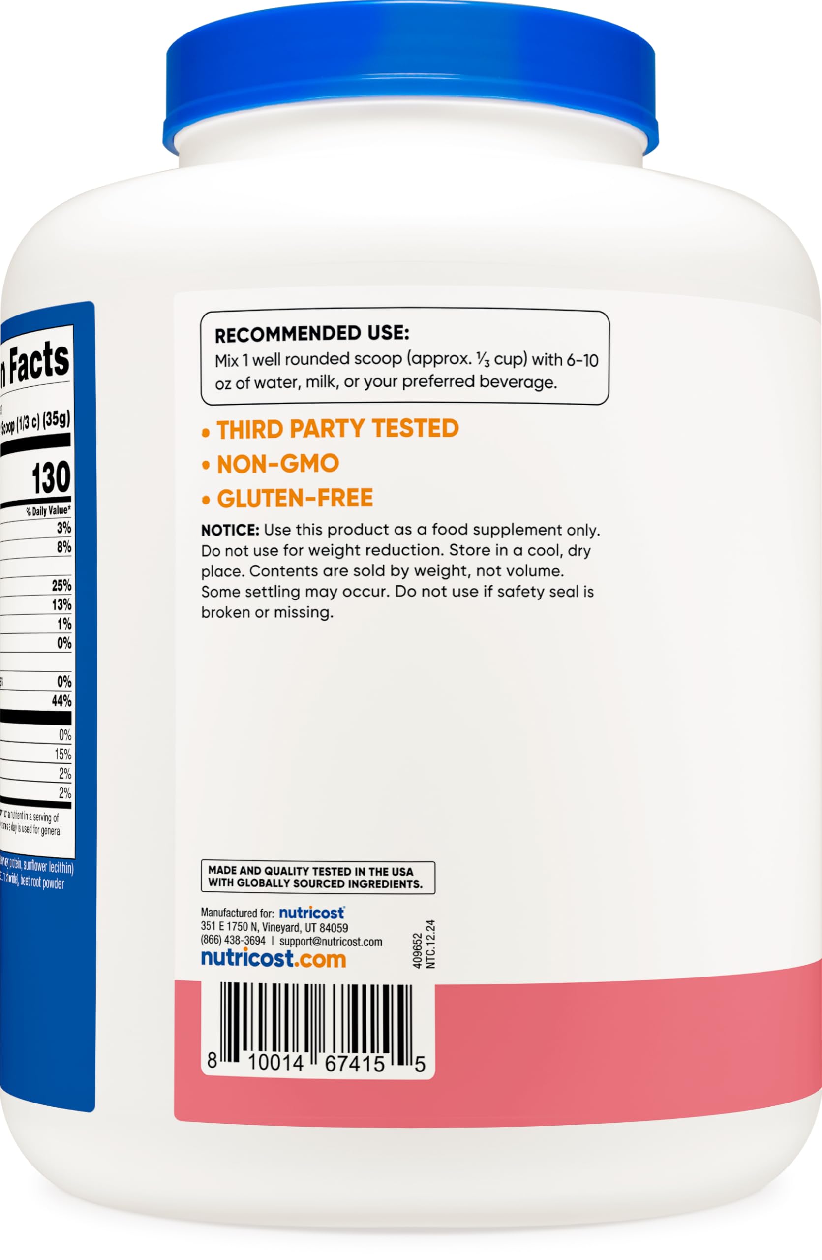 Nutricost whey protein nutrition panel highlights protein content and ingredients.