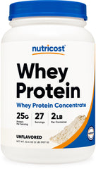 Nutricost Whey Protein Concentrate unflavored 2lbs bottle for versatile shakes.