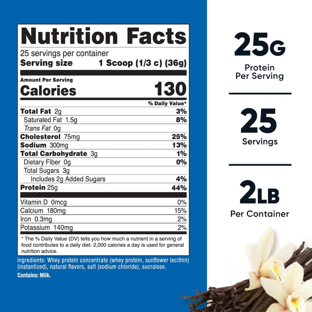 Nutricost Vanilla whey protein serving scoop shows convenient 25 g portion