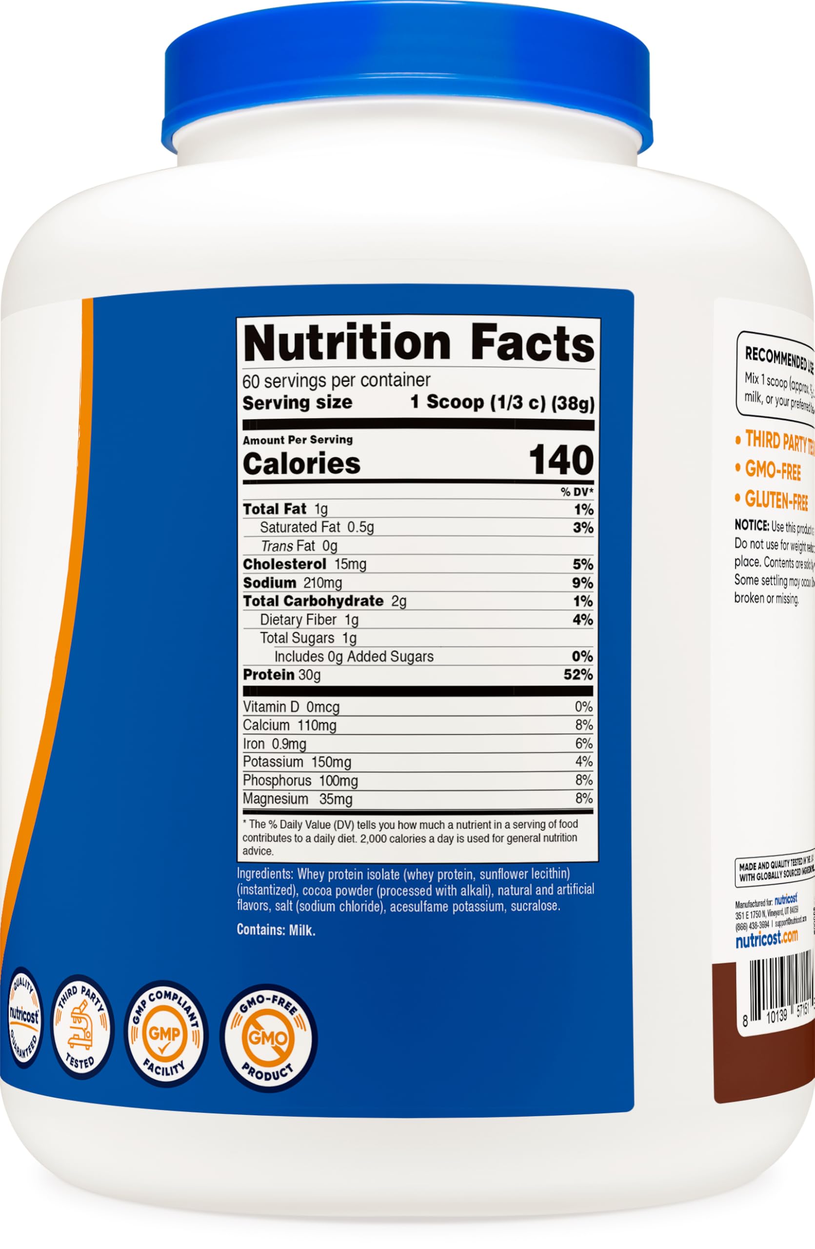 Nutricost Whey Protein Isolate facility badge shows NSF/GMP/FDA compliance