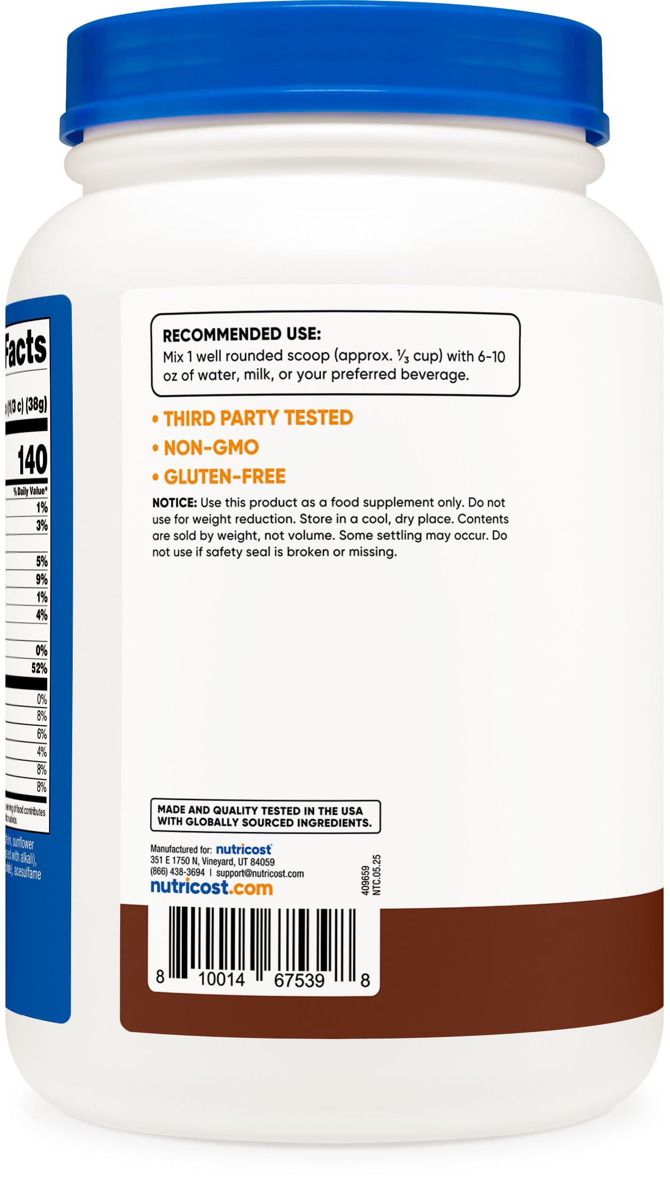 Nutricost Whey Protein Isolate Milk Chocolate label highlights certifications and quality.