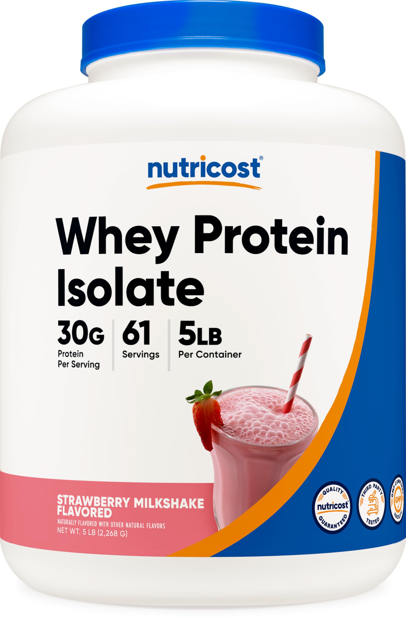 Nutricost Whey Protein Isolate Strawberry Milkshake bottle pouring into glass for a smooth shake.