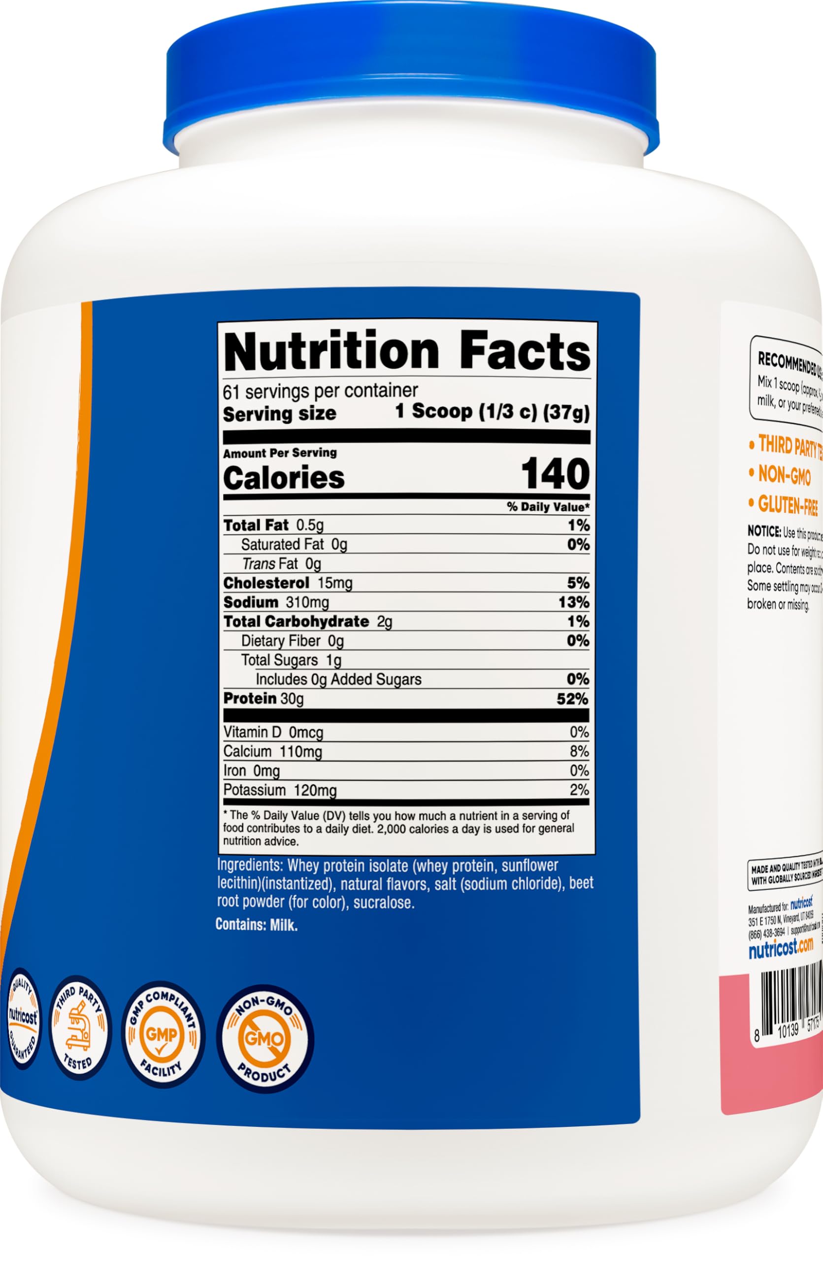 Nutricost label highlighting third-party testing and gluten-free quality.