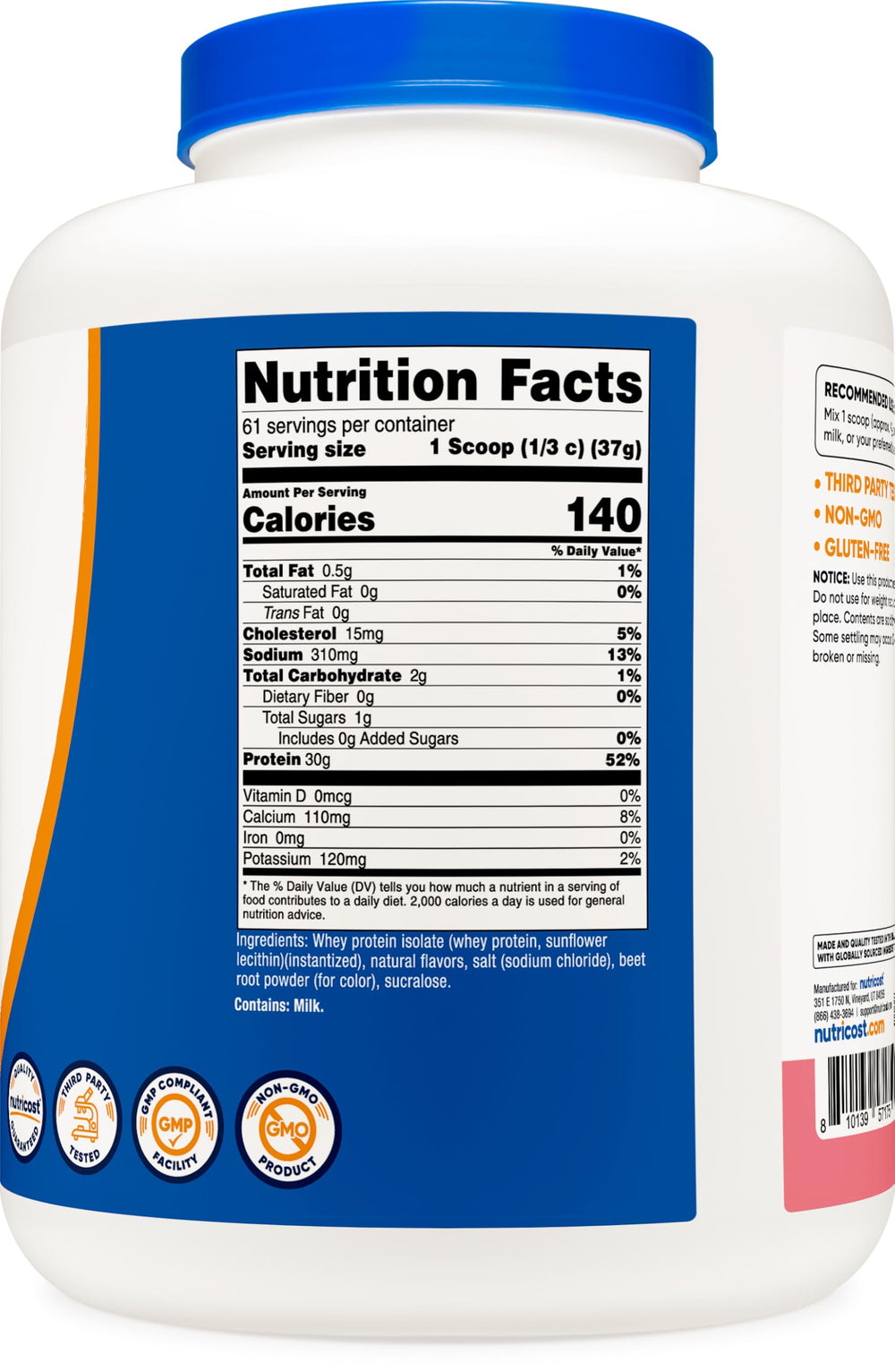 Nutricost label highlighting third-party testing and gluten-free quality.