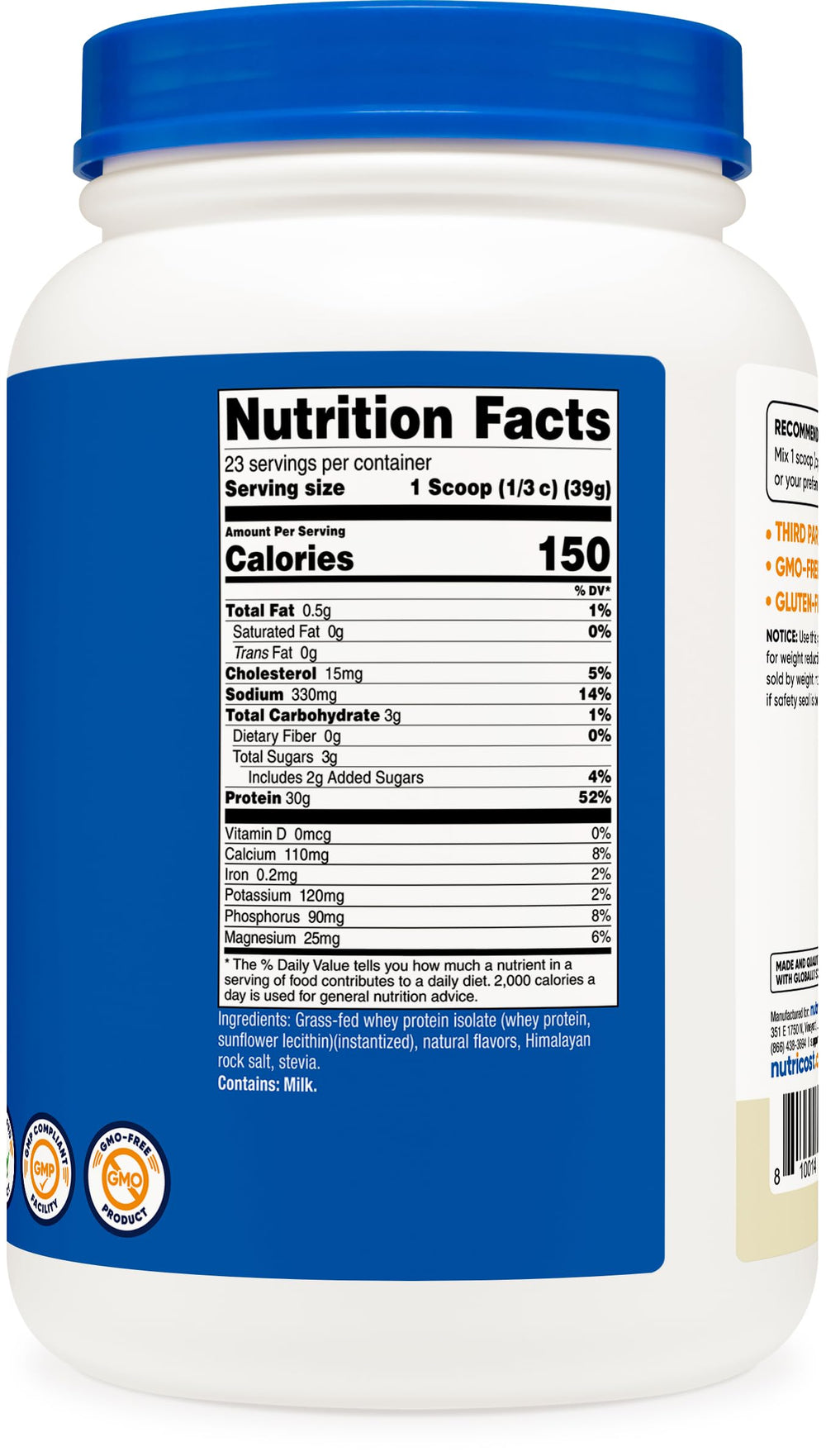 Nutricost packaging emphasizing kosher and halal certified grass-fed protein.