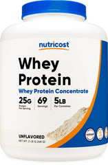 Nutricost Whey Protein Powder bottle shows a 5 lb container for daily protein support.