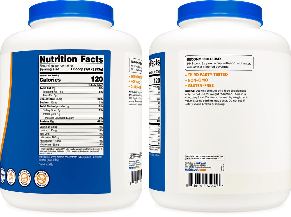 Nutricost Whey Protein Powder label shows nutrition facts for tracking protein.