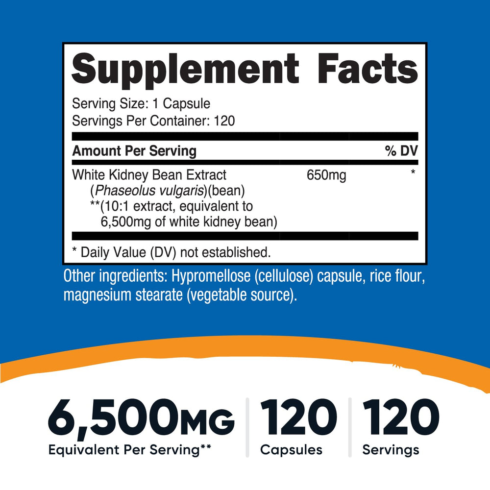 Nutricost White Kidney Bean Extract capsules closeup highlighting vegetarian, non-GMO capsules