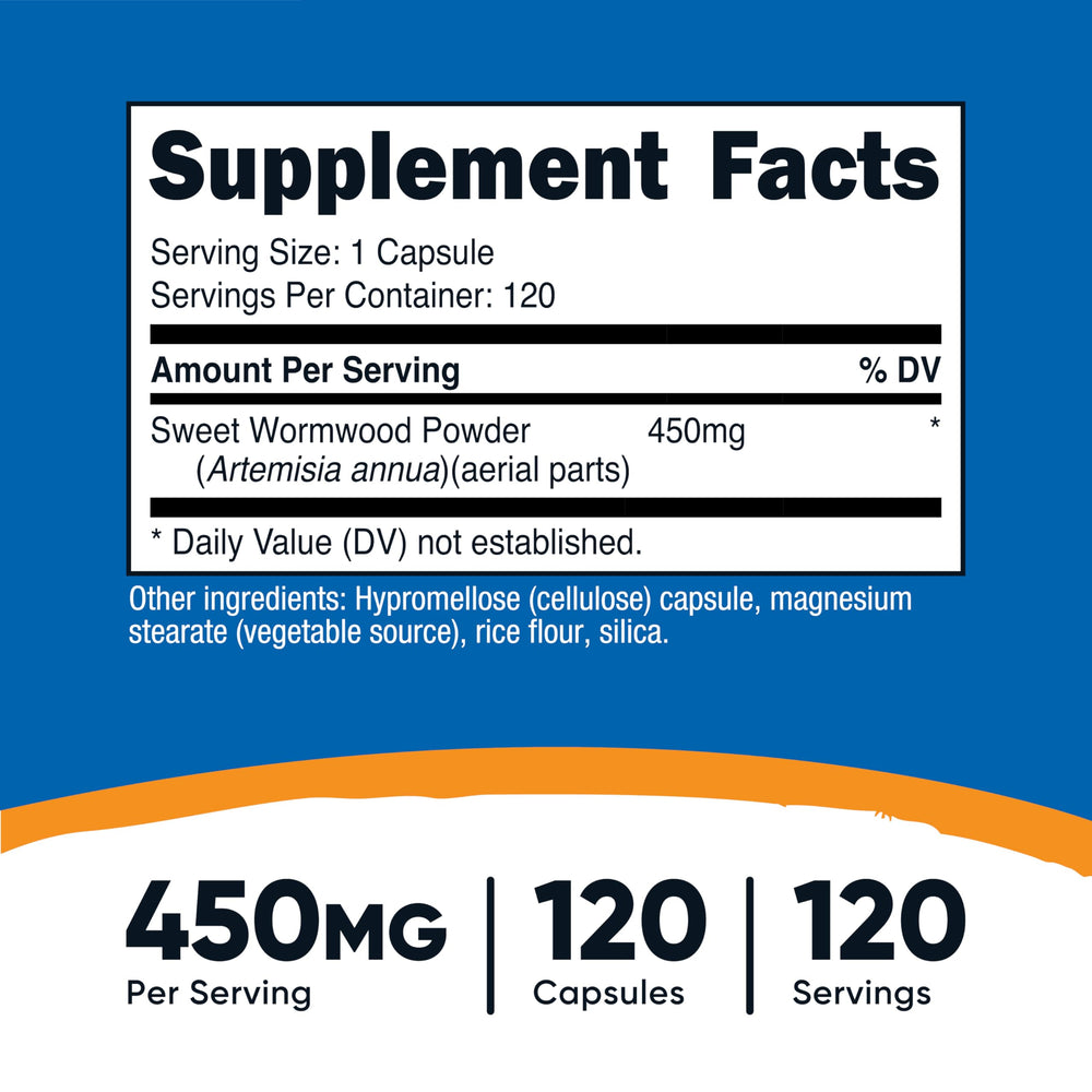 Nutricost Wormwood bottle back label details ingredients and third-party testing.