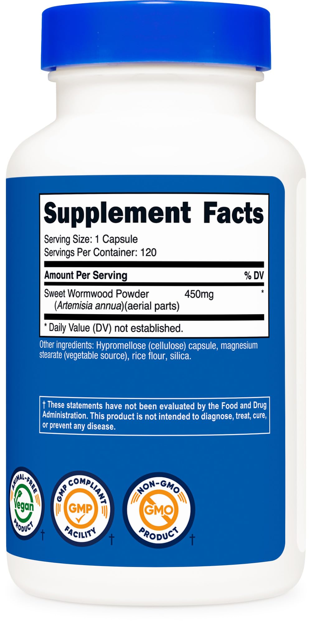 Nutricost Wormwood bottle seal indicates NSF-certified GMP and FDA-registration.