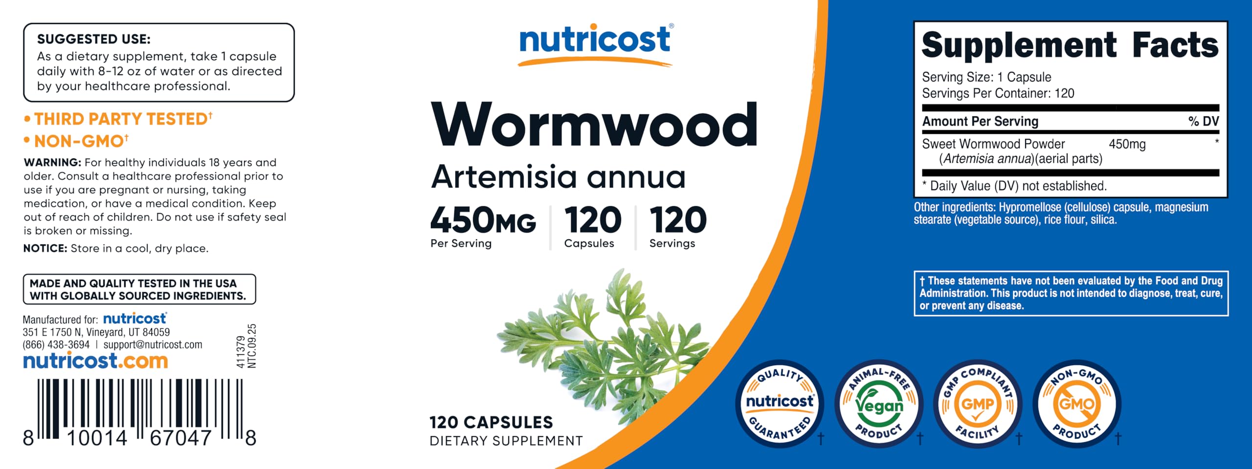 Nutricost Wormwood packaging held in hand showing 120-count bottle.
