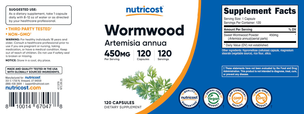 Nutricost Wormwood packaging held in hand showing 120-count bottle.
