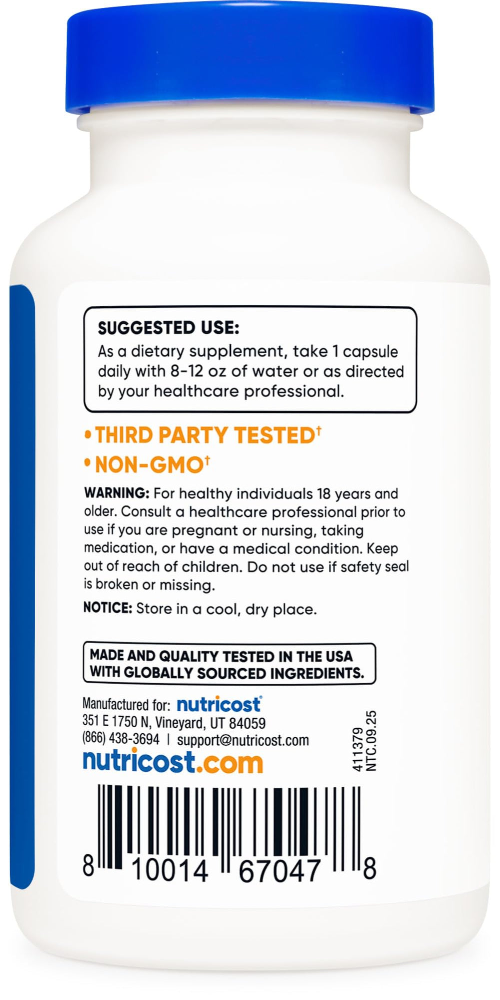Nutricost Wormwood label highlights vegan-friendly and non-GMO status.