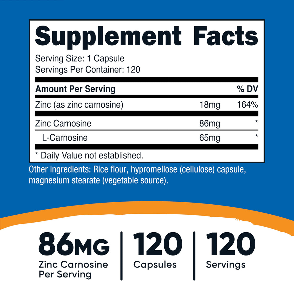 Close-up of Nutricost zinc carnosine capsules for easy dosing