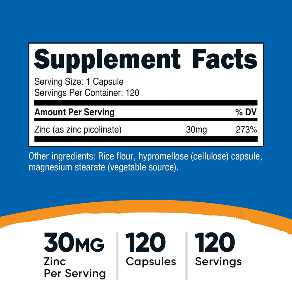 Nutricost Zinc Picolinate 30mg bottle pour showing easy-to-take capsules.