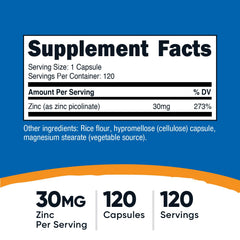 Nutricost Zinc Picolinate 30mg bottle pour showing easy-to-take capsules.