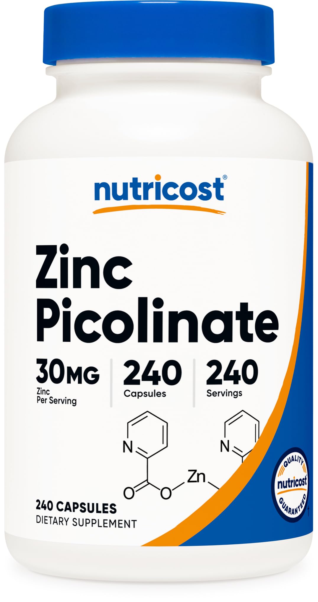 Nutricost Zinc Picolinate 30mg bottle, clear label for daily use