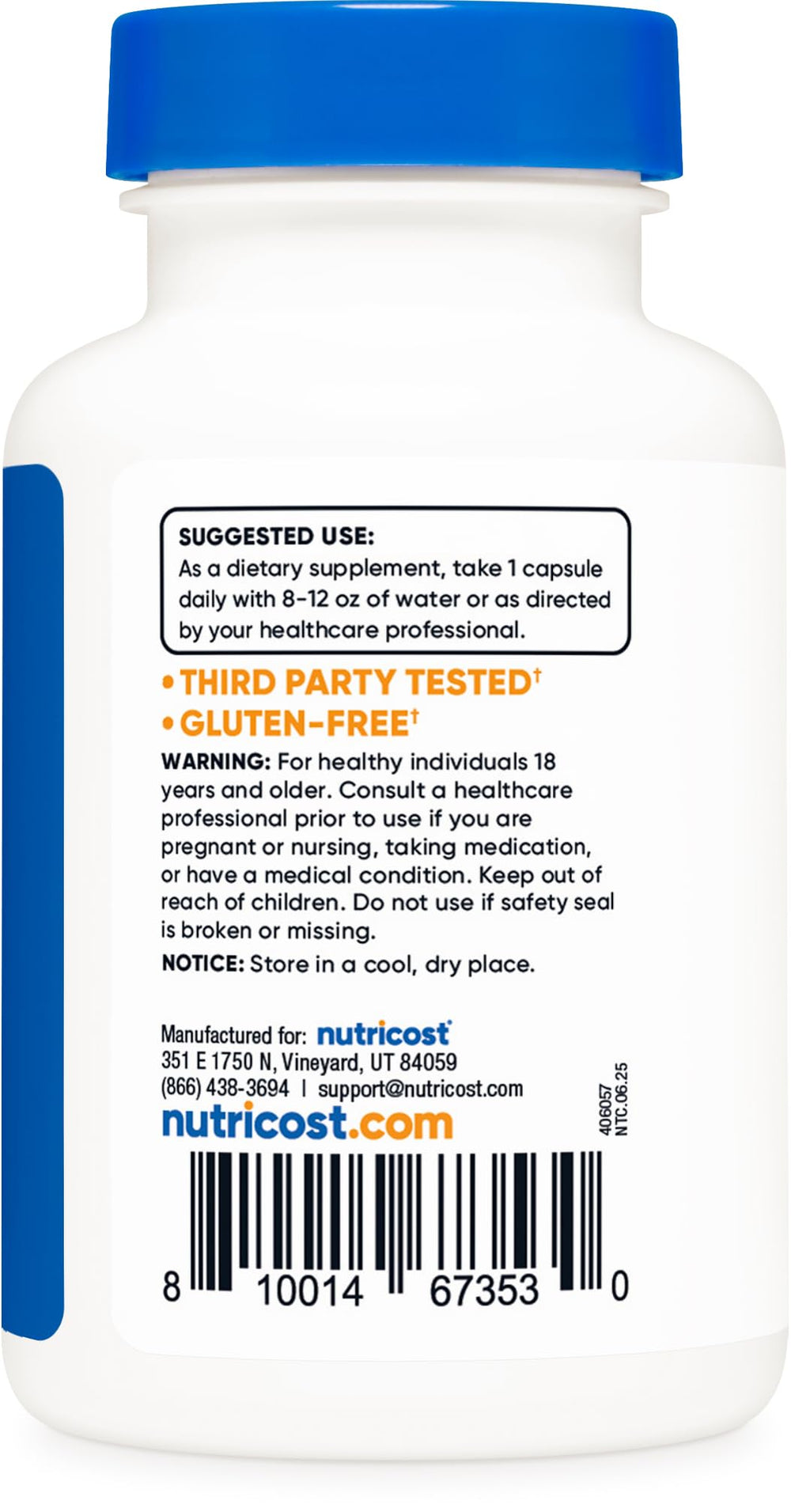 Label on Nutricost Zinc Picolinate emphasizing gluten-free and non-GMO claims.