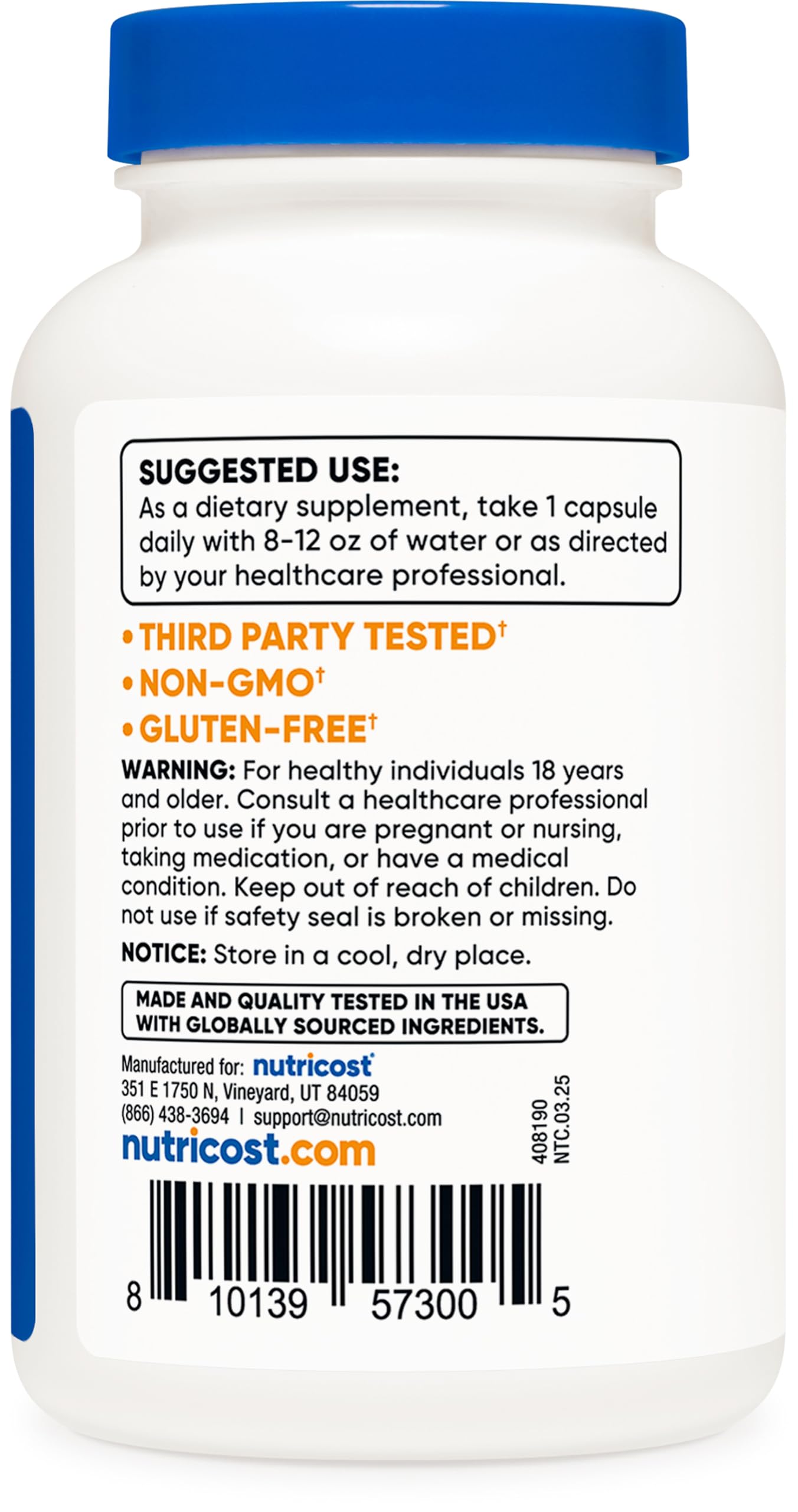 Nutricost Zinc Picolinate 50mg bottle with pour showing serving size