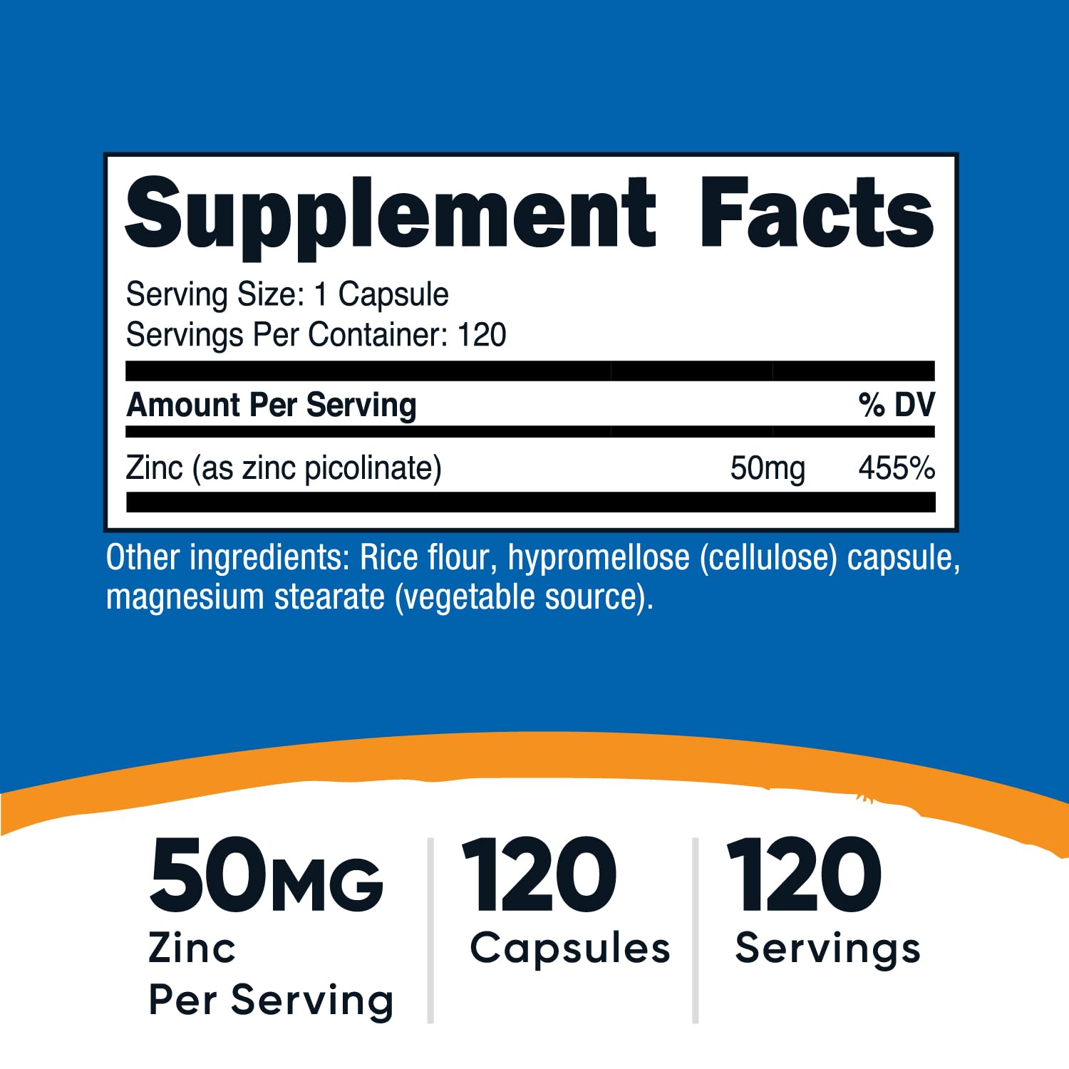 Nutricost Zinc Picolinate label close-up showing 50 mg per serving.