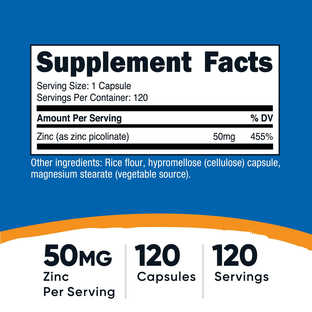 Nutricost Zinc Picolinate label close-up showing 50 mg per serving.