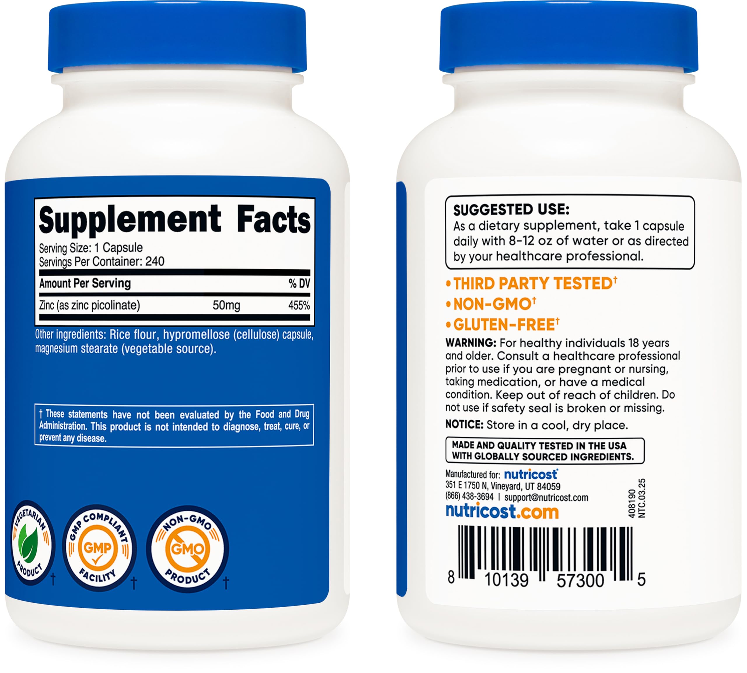 Nutricost Zinc Picolate 50mg nutrition facts highlights serving size
