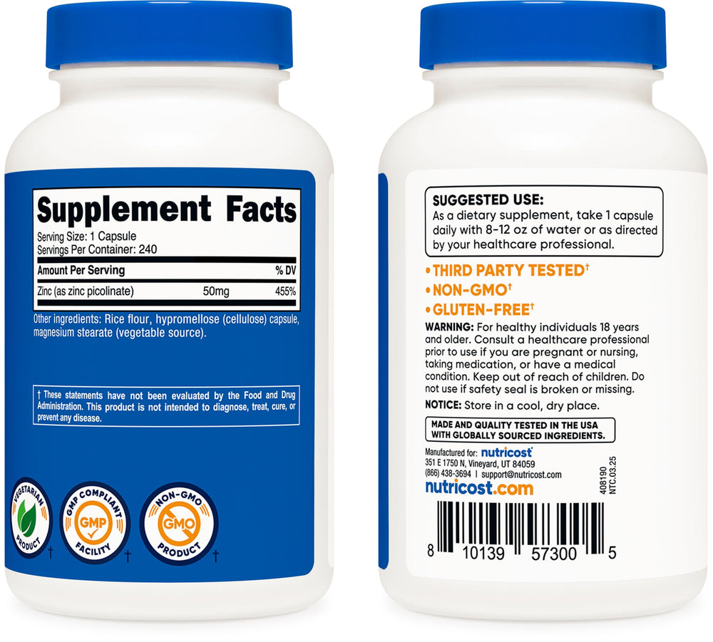 Nutricost Zinc Picolate 50mg nutrition facts highlights serving size