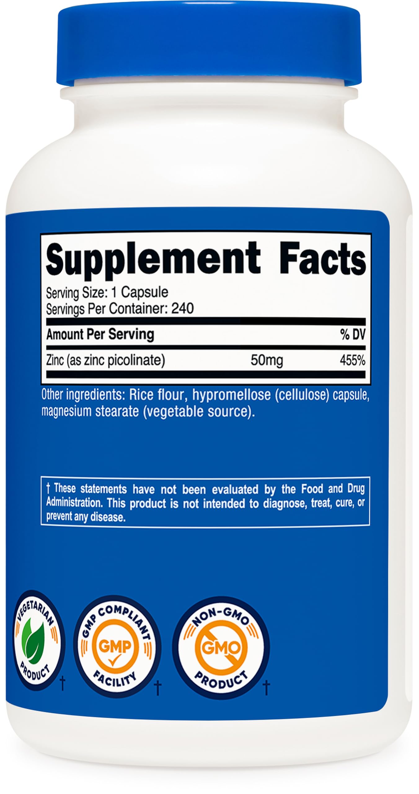 Nutricost Zinc Picolinate 50mg packaging shows 240 servings and 50 mg zinc