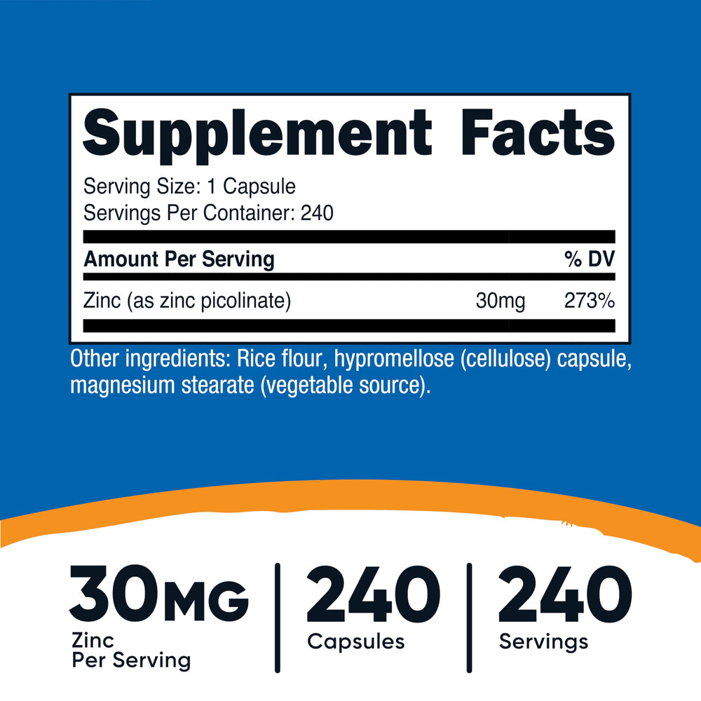 Nutricost Zinc Picolinate capsules close-up, smooth and easy-to-swallow
