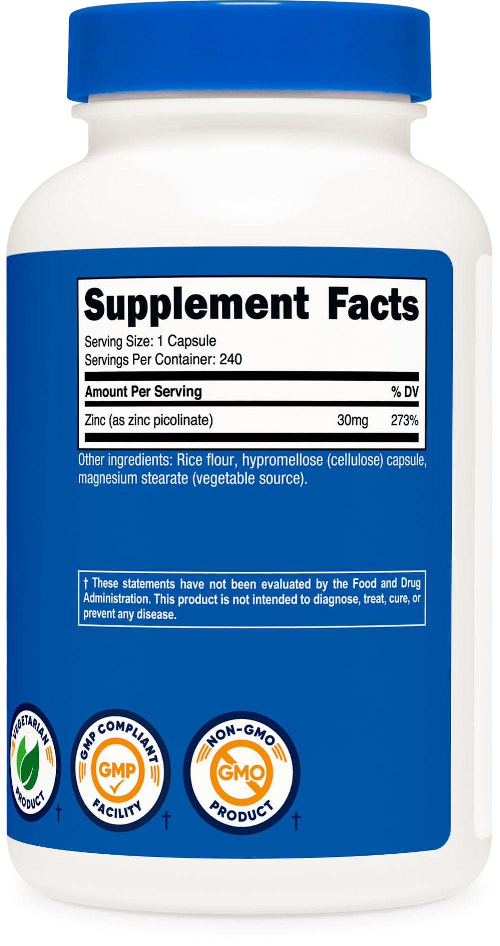 Nutricost Zinc Picolinate serving cup showing 240 capsules per bottle
